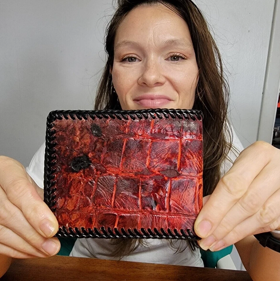 Genuine Alligator/Crocodile Red/Black Bifold Wallet New Handmade gator wallet - Image 2 of 4