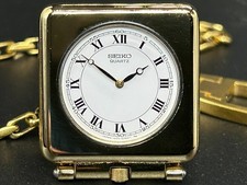 N MINT Vintage SEIKO 1400-1130 Gold Square Roman Pocket QZ Watch 28mm From JAPAN