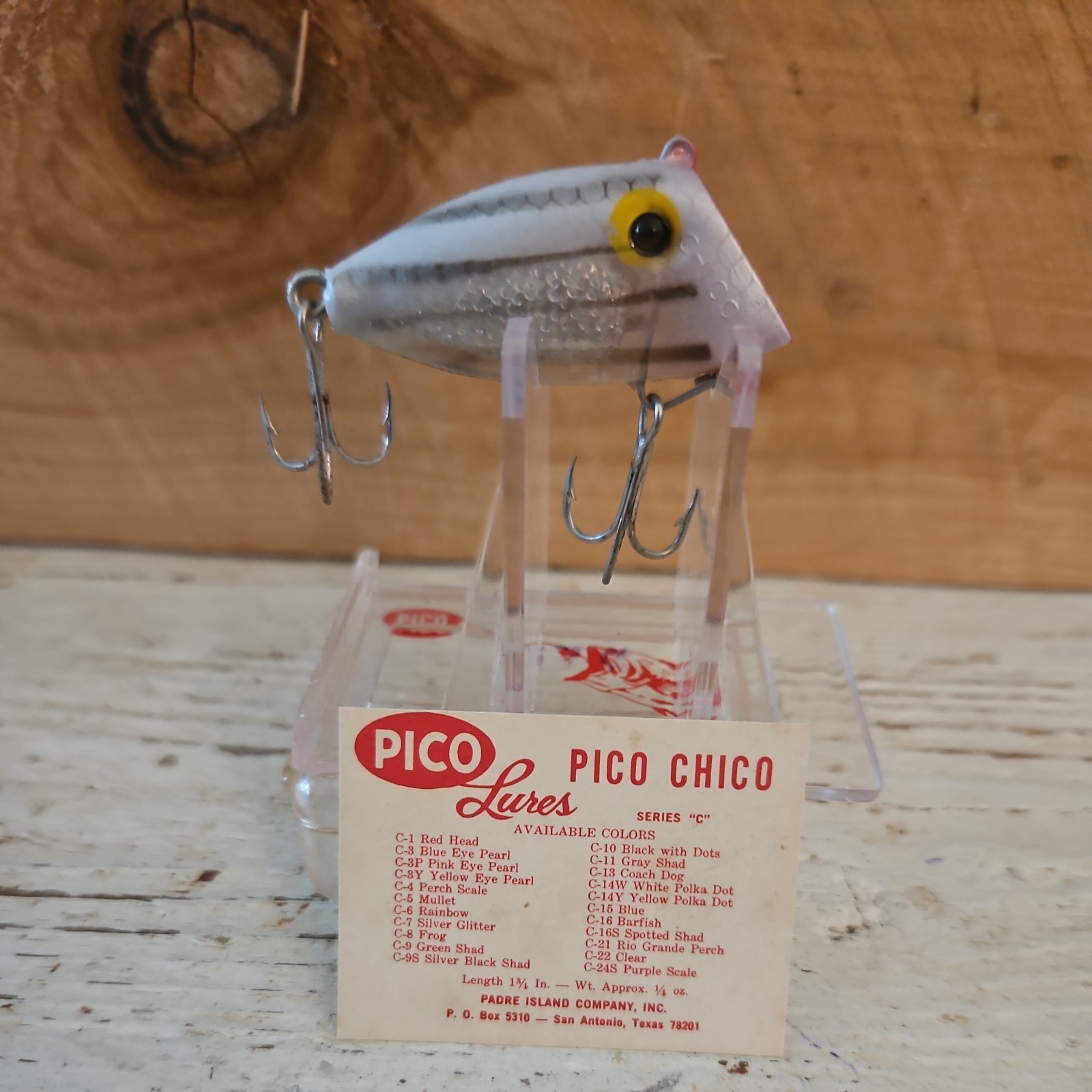 Vtg UNFISHED TEXAS LURE, Padre Island Co "PICO CHICO" #C-16. Barfish color Lure.
