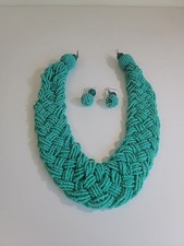 Necklace Braided Faux Turquoise Seed Beads and Matching Earrings