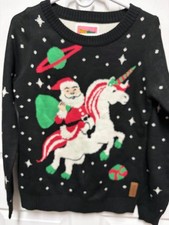 Tipsy Elves Ugly Christmas Sweater size S black Santa Riding Unicorn EC acrylic