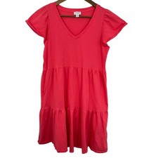 J. Crew Factory Pink Tiered V-Neck Flutter Sleeve Cotton Mini Dress Lightweight