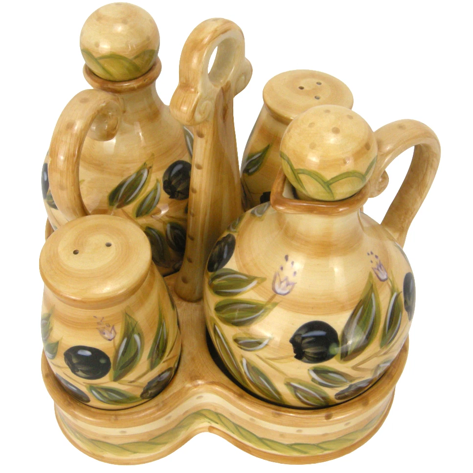 Tabletops Unlimited Provincial Olives Cruet Set Salt Pepper Oil Vinegar Caddy LN