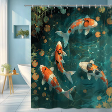 Koi Fish Pond Shower Curtain Japanese Water Garden Art with Lily Pads Tranquil
