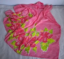 Himes 100% Pure Silk Large Scarf Pink Green Tropical Floral Hibiscus 77�44"Pareo