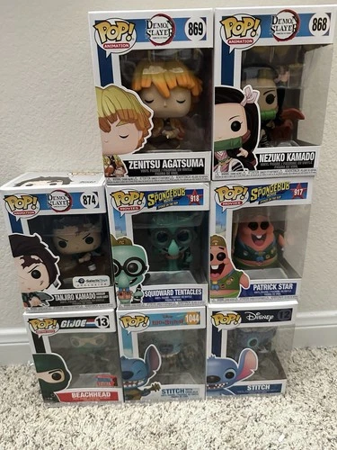 8 Funko Pop Lot Including SpongeBob Demon Slayer And Lilo And Stitch