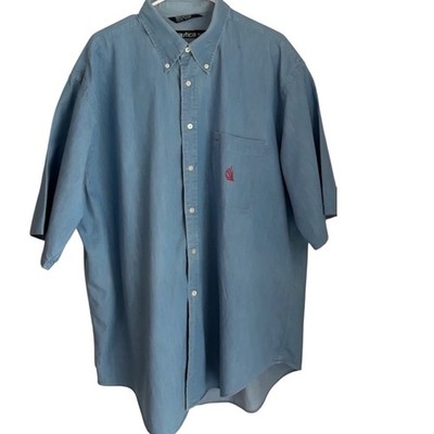 Nautica XL Button Down Shirt Short Sleeve Blue Chambray Sailboat Logo Note!
