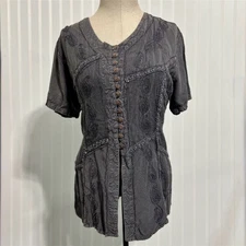 Vintage 90s Encounter Top Gray Embroidered Rayon Lace Up Back Whimsigoth Fairy