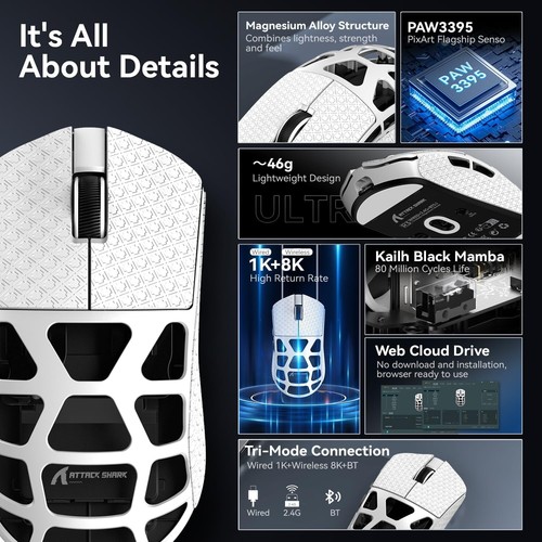 ATTACK SHARK R3 46g Magnesium Alloy Mouse, PixArt PAW3395 BT/2.4G/Wired,26000DPI - Picture 60 of 64