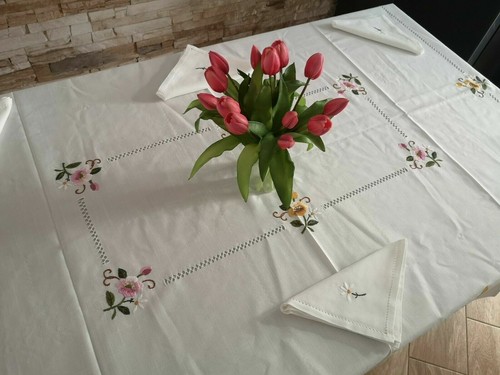 Elegante Mantele x6 Mezcla De Lino Con Bordado Punto Completo A Mano - Imagen 12 de 12