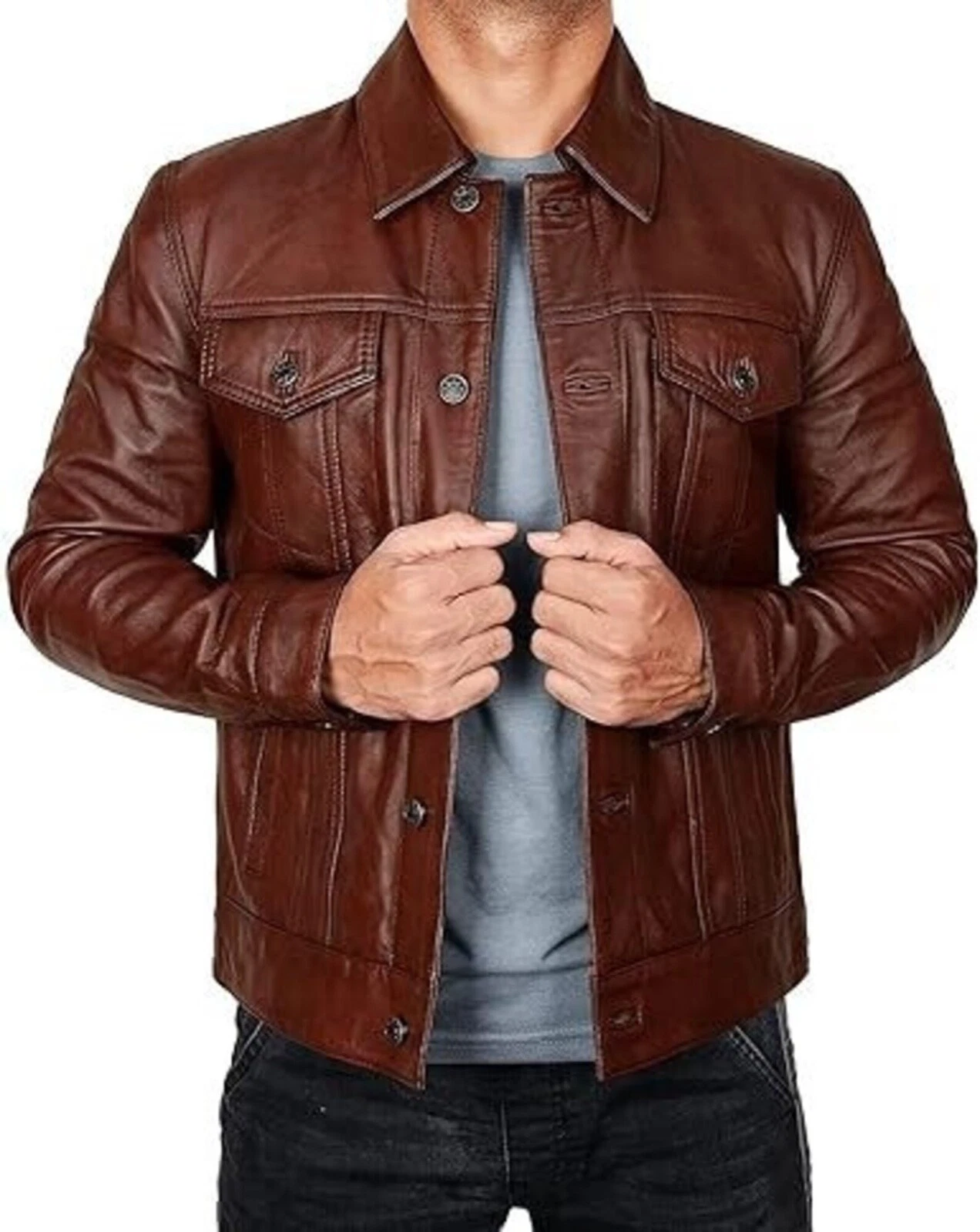 Trucker Jacket Men Real Lambskin Leather Vinatge Jacket Denim Jacket XS S M L XL