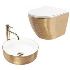 H&auml;nge WC Sp&uuml;lrandlos Wand-WC Toilette softclose WC-Sitz +Waschbecken Wei&szlig;/Gold