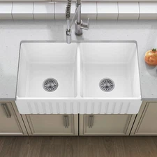 Sinber 33" White Ceramic Double Bowl Apron farmhouse Kitchen Sink With Strainer