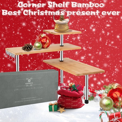3 Tier Corner Shelf Bamboo & Metal Storage Spice Rackdesk Bookshelf Display Shel - Picture 3 of 7