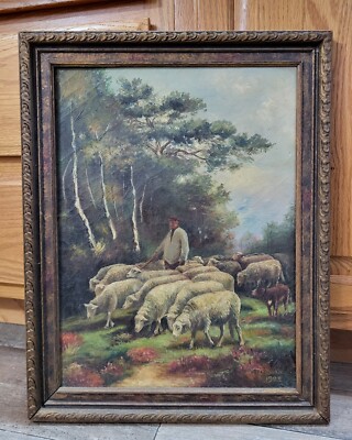 OLD Original Signed 1922 Painting on Canvas Shepherd and His Flock Gilded Frame
