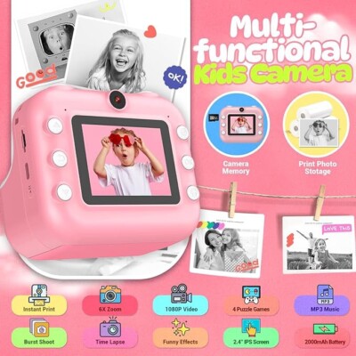 Fotocamera Istantanea Per Bambini, Fotocamera Digitale 1080P Con Stampa Immediata Scheda Da 32gb 3 Rotoli Di Carta Termica Regalo Di Compleanno Per Bambini E Bambine Dai 3 Ai 12 Anni