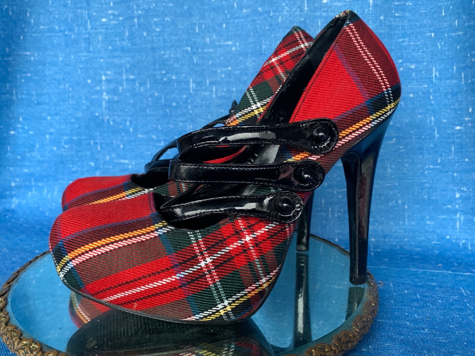 red plaid high heels