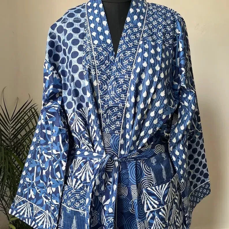 Indian Blue Floral 100% Cotton Robes Long Kimono Sleepwear Night Kimono Robes - Image 2 of 3