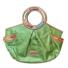 VTG Y2K Relic Green Leather Round Handle Hobo Handbag Side Pockets Snap Close