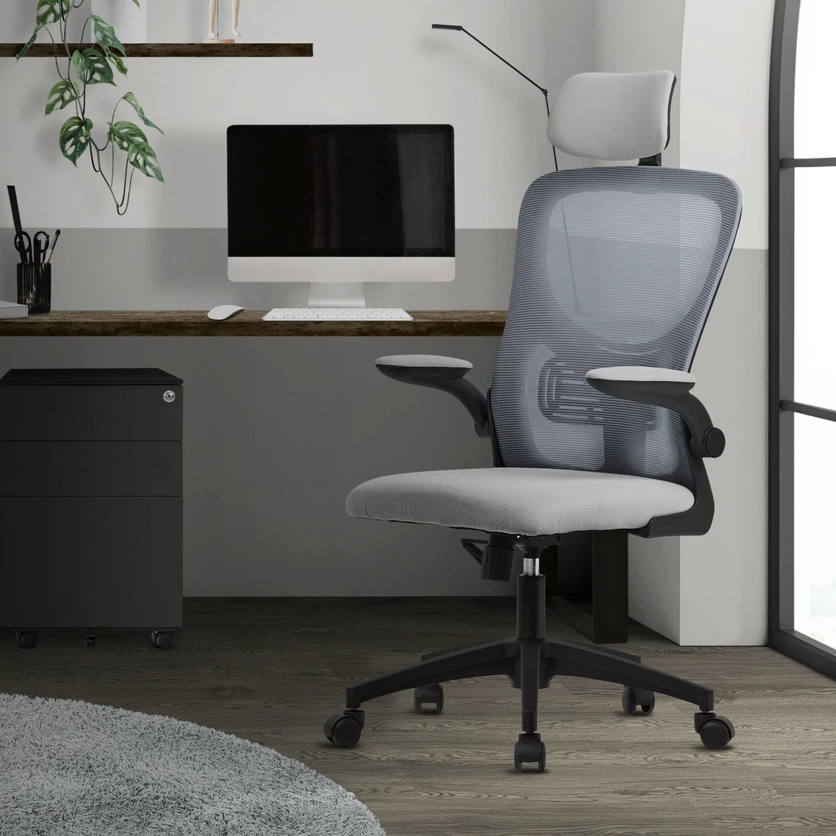 Sedia da ufficio ergonomica - Sedia regolabile con braccioli regolabili, schienale reclinabile e seduta comoda in lino grigio | Leroy Merlin