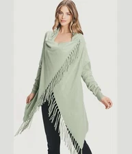 Love Tree Women's Soft Cozy Fringe Convertible Sage Poncho Cardigan SZ S