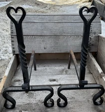 Antique 19th Century Heart Theme Wrought Iron Fireplace Andirons