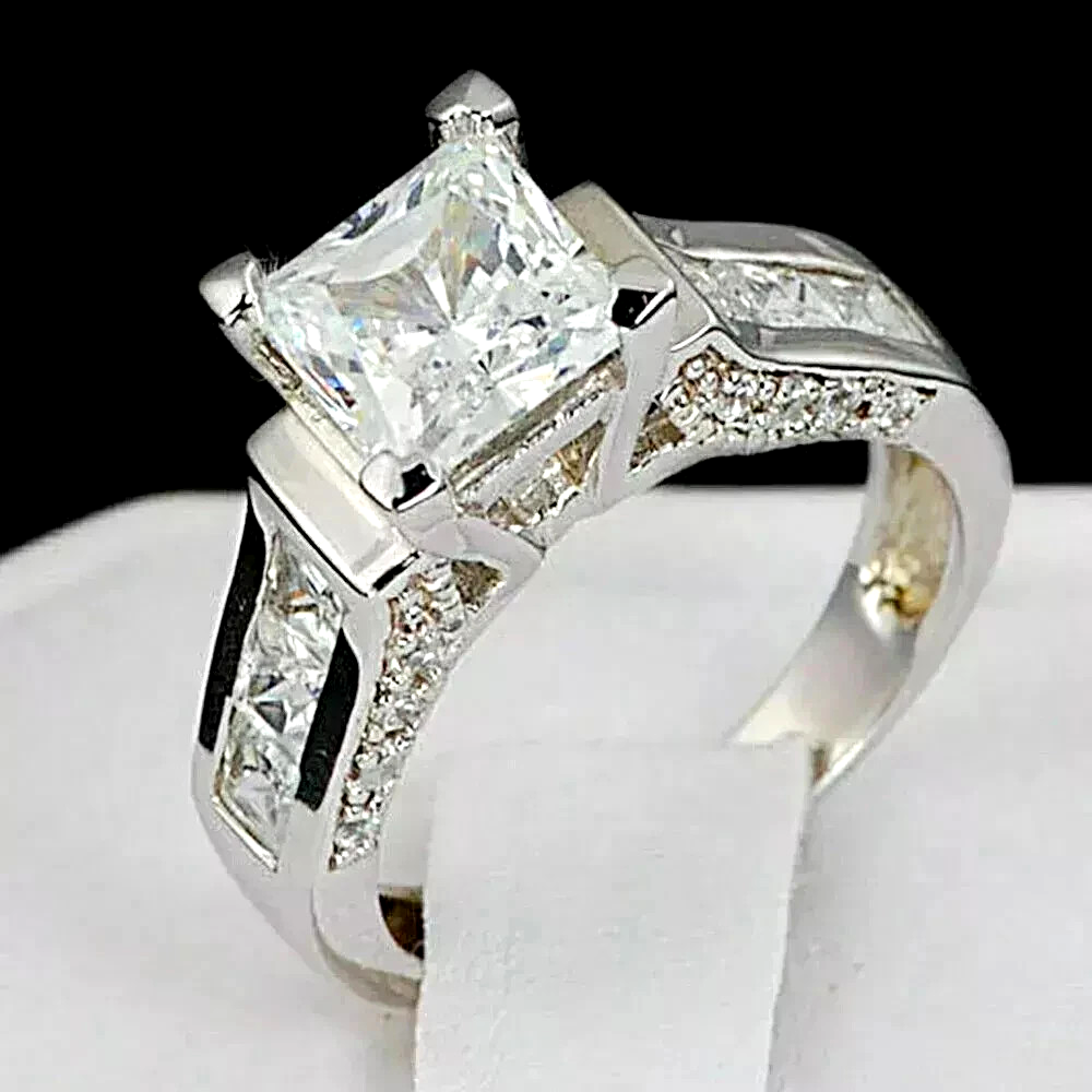 Princess Cut Lab Created Diamond Wedding Engagement Ring 14k White Gold ...