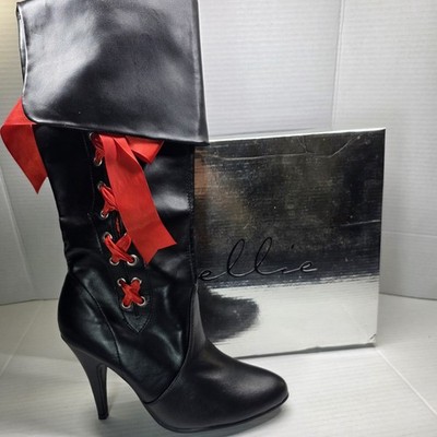 Ellie 418-Pirate Black PU Costume Boots Women s Size 7 Red Ribbon Lace-Up