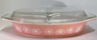 Vtg PYREX MCM Divided Casserole Serving Dish with Lid Pink Daisy 1 1/2 QT Oval