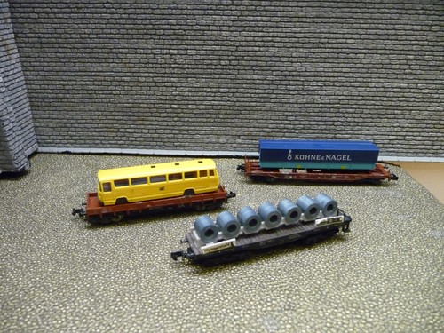 Roco 2354 Arnold 4962 Fleischmann 5787 Niederbord Schwerlastwagen Güterwagen 2er | Condition: Gebraucht