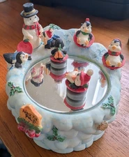 Schmid Animated Music Box Spinning & Sledding Penguins Santa Winter Wonderland