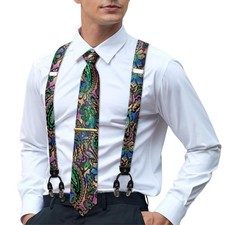 Men Suspenders Tie Set Silk Adjustable Elastic Y Braces Strong 6 Clips Square