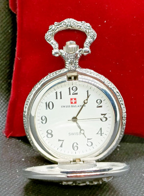 SWISS BALANCE silberfarbene Hirsch Full Hunter Quarz Taschenuhr - sehr guter Zustand & funktioniert