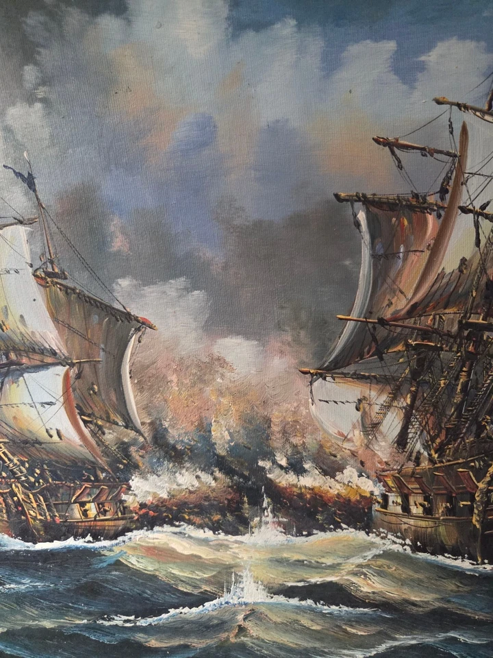 Barcos de guerra en batalla óleo sobre lienzo firmado por el artista J. Harvey Foto 2 de 4