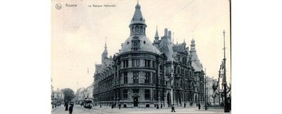 1900 Antwerp Belgium Postcard La Banque Nationale Trolley Voyage Monsieur
