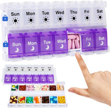 Am Pm Pill Organizer 7 Day, Push Button Weekly Pill Box 2 Times Removable Lid Me