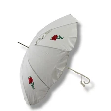 Vtg Saks Fifth Avenue Parasol Umbrella Red Rose Embroidered NOS Pinup Glam Photo