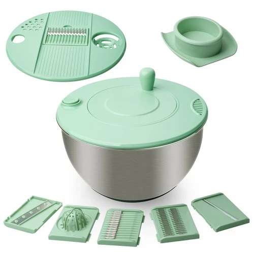4.25 Qt Stainless Steel Salad Spinner Bowl Fruit Vegetable Dryer 5-Blade Slicer