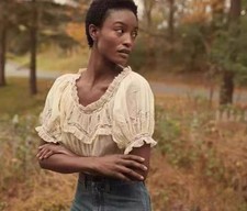 Doen Organic Cotton Tucker Fold Short Sleeve Lace Shirt Top