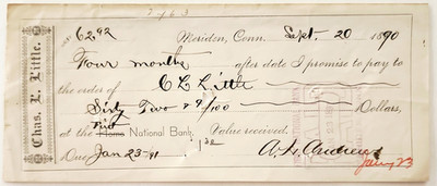 1890 Meriden CT Promissory Note Charles Little Printer Financial Ephemera