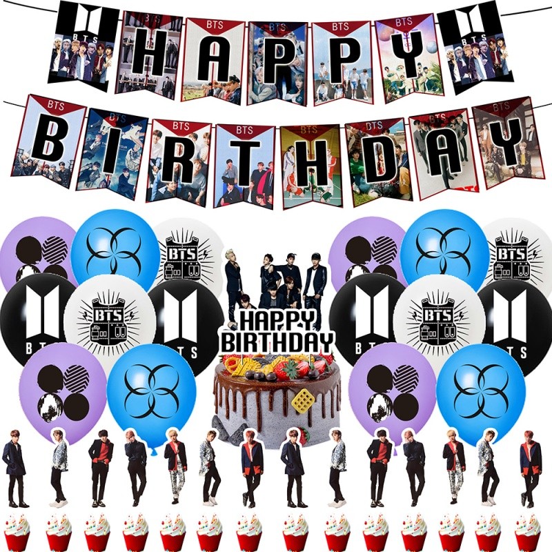 BTS Star Birthday Party Decoration Supplies Banner Balloons Cake Topper Set Gift