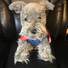 HugFun Schnauzer Plush gray white dog 13"  Wearing a blue tshirt with a bone toy