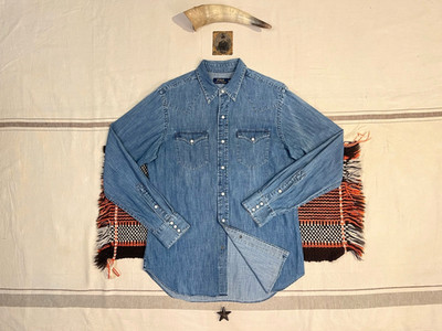 Ralph Lauren Western Hemd M Blau Denim Perlen Druckknöpfe 44'' Top Kostenloser Versand UK