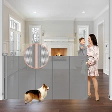 Reinforced 42" Extra Tall x 75" Wide Retractable Baby Gates with Support Rods...