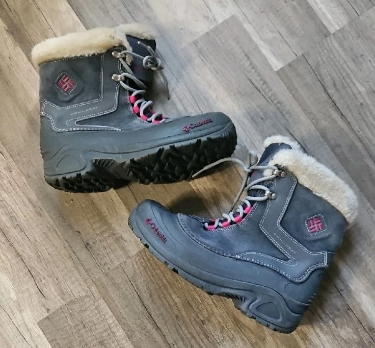 Women’s Columbia Omni Heat Water Resistant Gray Pink Winter Snow Boots Size 6