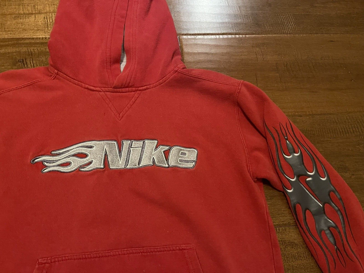 Vintage Y2K Nike Flame Fire Sleeve Red Pullover Hoodie Sweatshirt