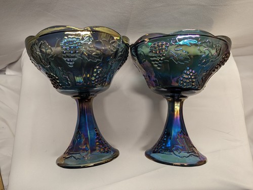 2 Indiana Glass Blue Carnival Harvest Grape Covered Compote Candy Dishes - Picture 15 of 20