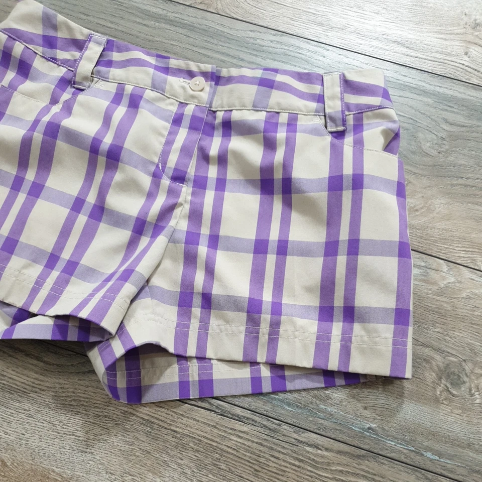 Adidas Womens Size 4 Golf Shorts Casual Sport Purple Tan Athletic 30" Waist Logo - Image 3 of 4