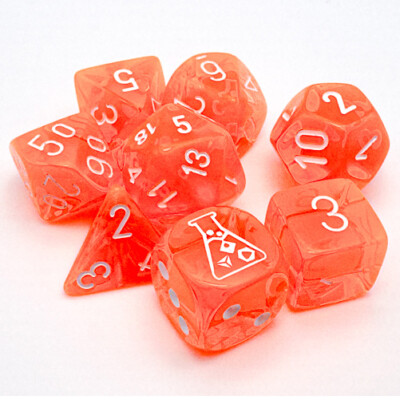 Lab Dice 7: Translucent Polyhedral Neon Orange/white 7-Die Set (with bonus die)
