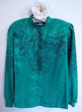 Vtg 80s James Kenrob Secretary Blouse 10 Green Navy Floral Liquid Satin Silky